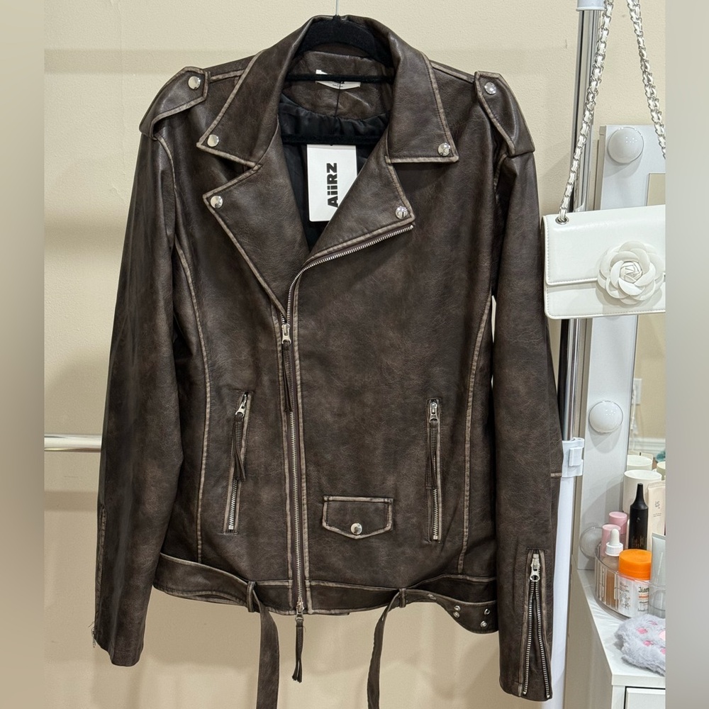 AIIRZ Moto Jacket Faux Leather Distressed Brown S NWT